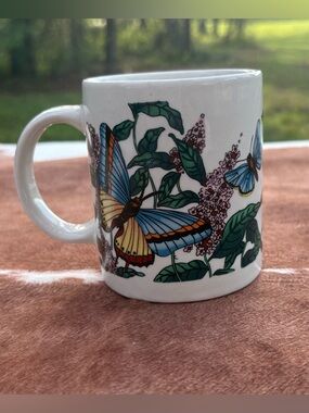 Butterfly Floral Ceramic Coffee Mug - Blue, Yellow, Green